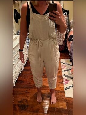 Beige belted overalls